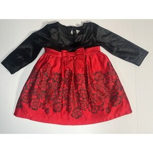Rare Editions‎ Girl Toddler's 18M Black Velvet Red Satin Social Dress Bow Accent